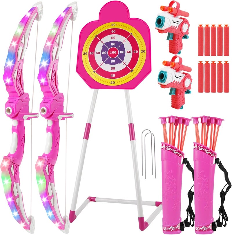 TWFRIC 2 Pack Bow and Arrow for Kids Sports and Outdoor Play Toys Archery Set with LED Light Up 16 Arrows 1 Standing Target 2 Quiver Indoor Outdoors Toy for Age 3-12 Year Old Boy Girl Gift (Pink) - Image 1